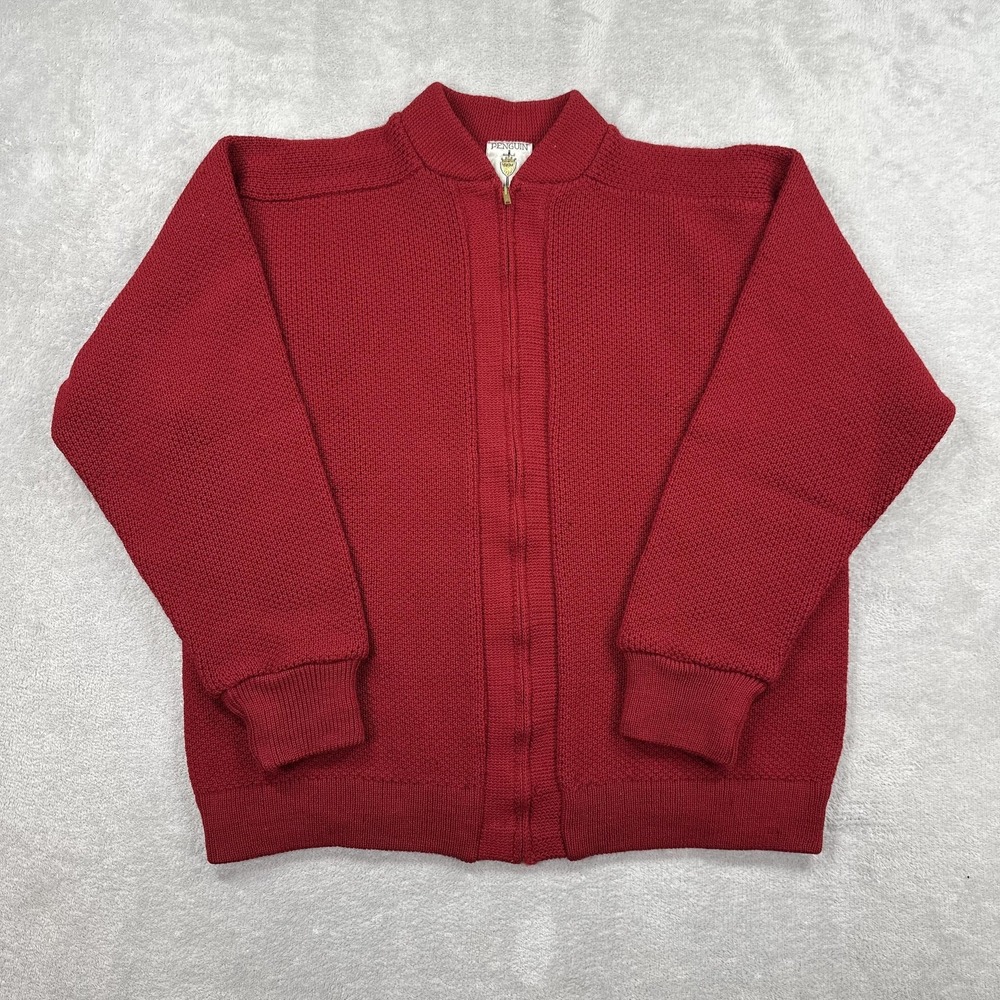 Vintage Penguin Cardigan Sweater Mens Large Red Full Zip Mock Neck Waffle Wool